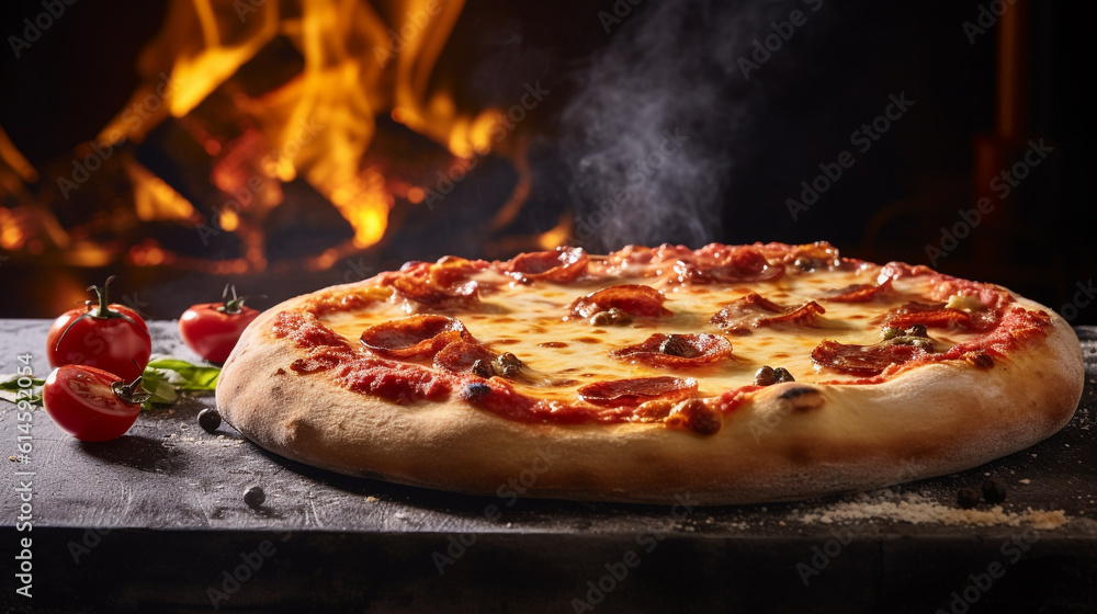 pizza on a wooden table with fire background pizza on a wooden table with fire background