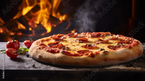 pizza on a wooden table with fire background