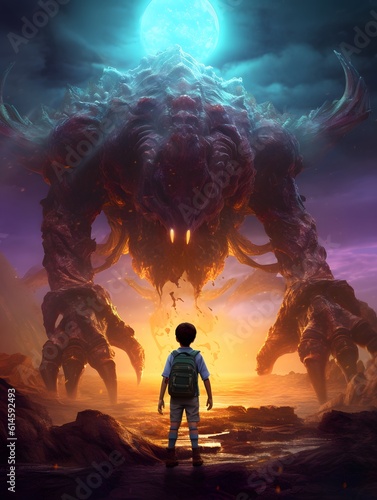 Back view of a young boy battling a massive viral monster. Generative AI