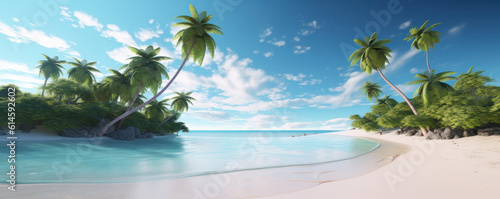 Tranquil and picturesque tropical landscape with palm trees  rocks  and ocean is AI Generative.