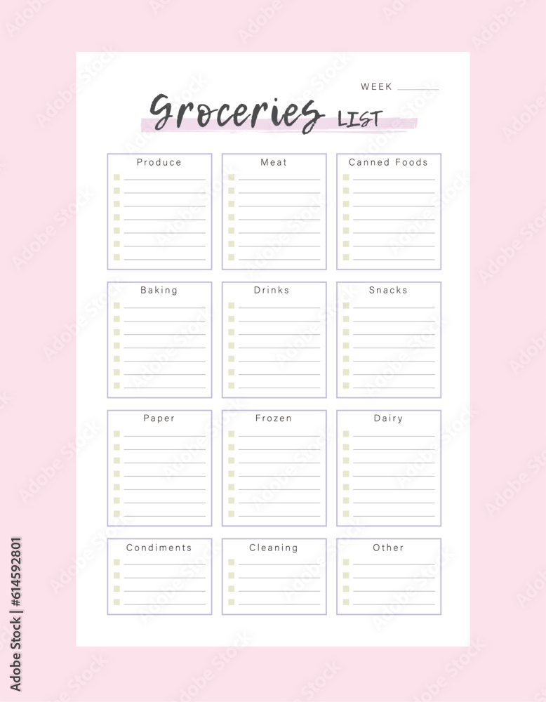 groceries list planner. Plan you food day easily. Vector illustration. 