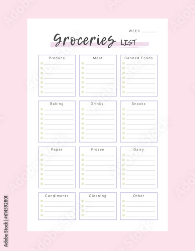 groceries list planner. Plan you food day easily. Vector illustration. 