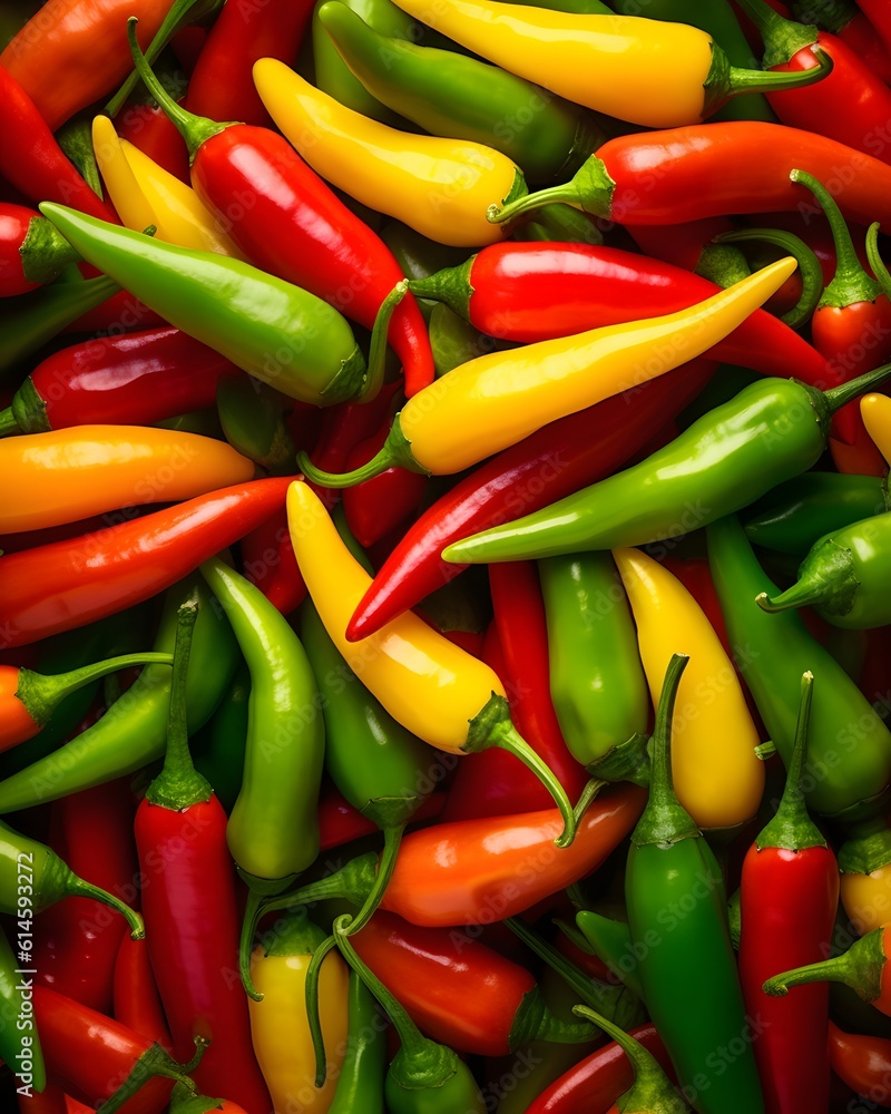 From above, a bright stack of fresh chili peppers. Generative AI From above, a bright stack of fresh chili peppers. Generative AI