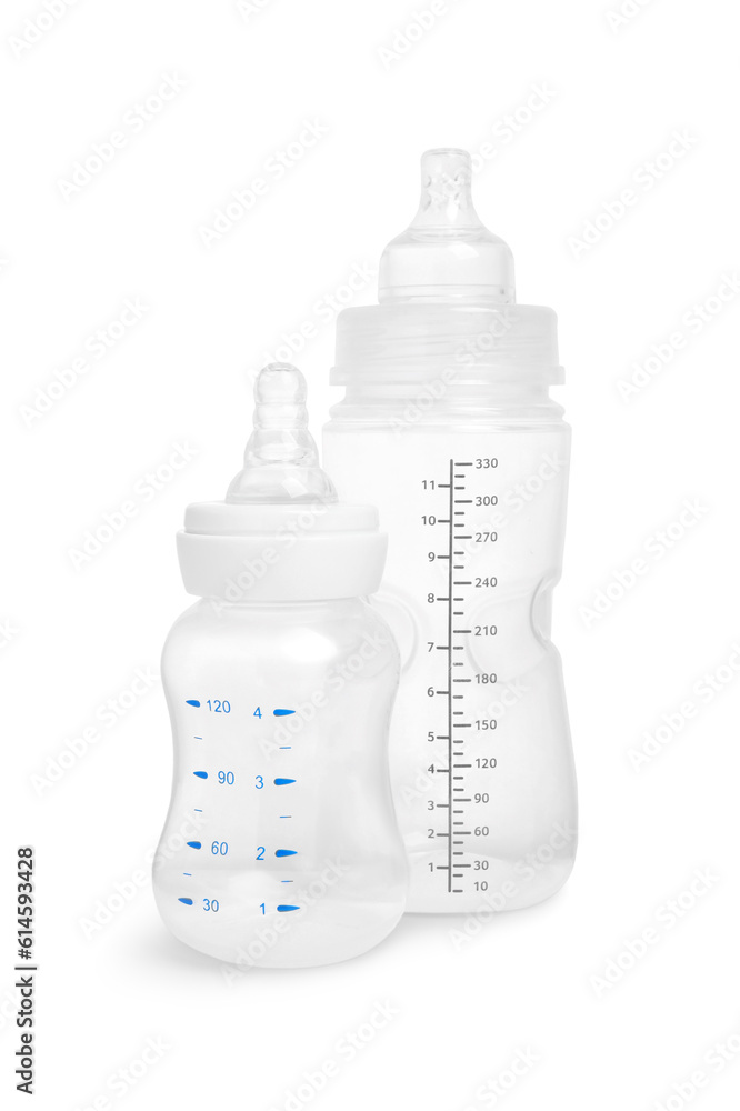 Two empty feeding bottles for baby milk on white background Two empty feeding bottles for baby milk on white background