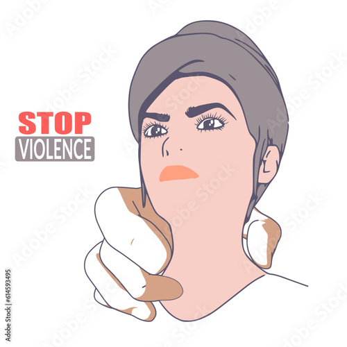 Stop violence text. Social concept of sexual assault and harassment. Male hand holding neck of woman