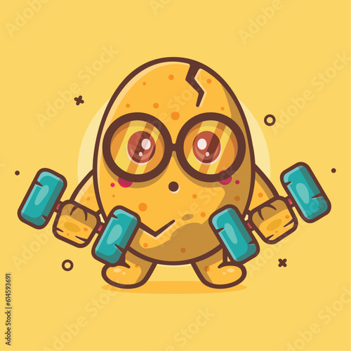 cute egg character mascot doing bodybuilding using dumbbell isolated cartoon in flat style design