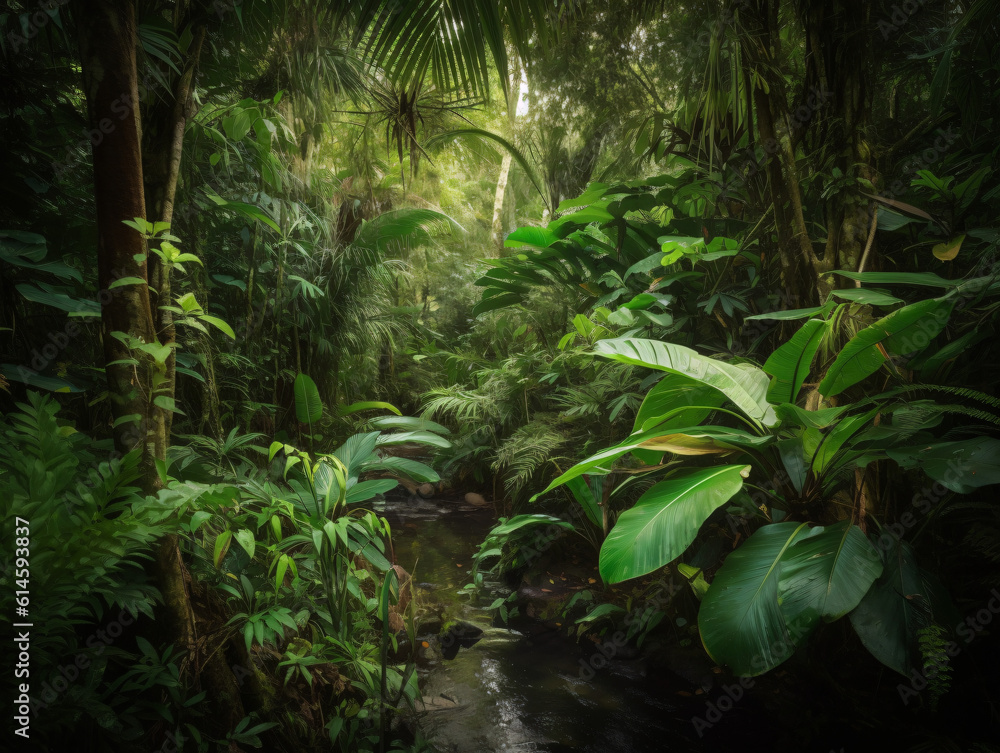 Lush tropical rainforest teeming with exotic wildlife. Lush tropical rainforest teeming with exotic wildlife.