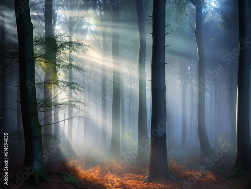 Mystical foggy forest with rays of sunlight filtering through the trees.