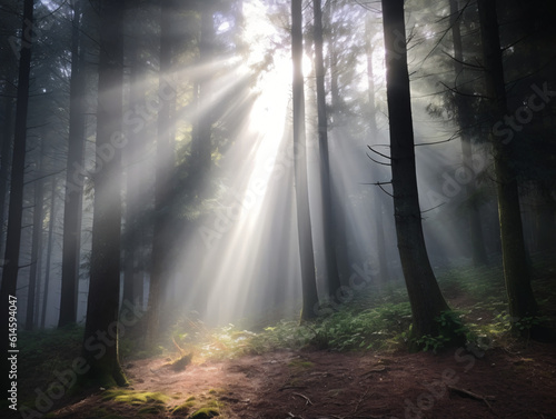 Mystical foggy forest with rays of sunlight filtering through the trees.