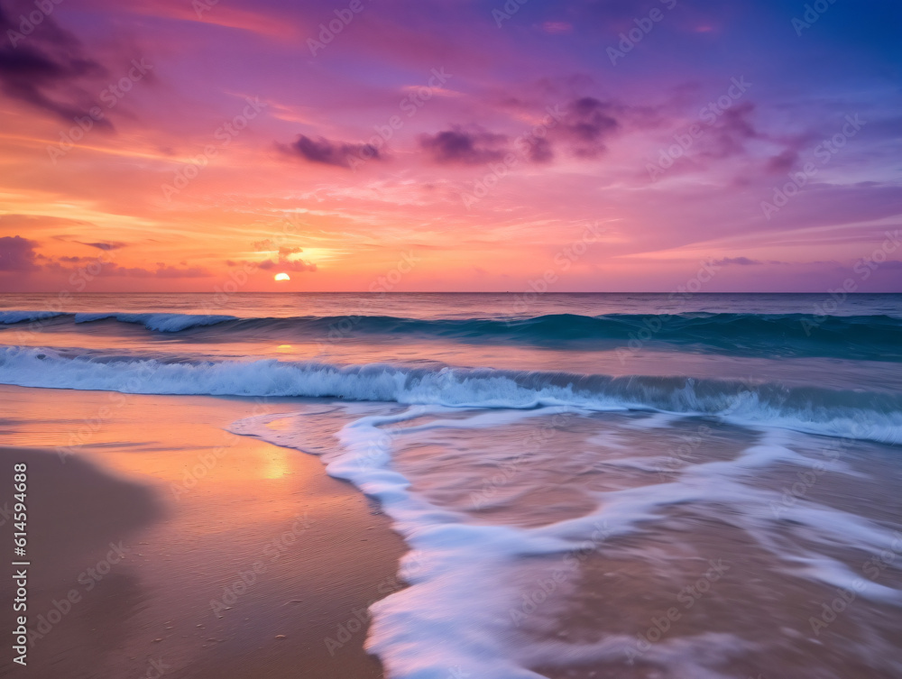 Serene beach sunset with vibrant colors.