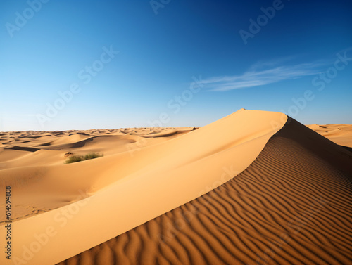 Serene desert landscape with towering sand dunes and a clear blue sky.