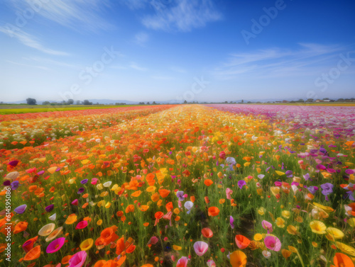 Vibrant fields of blooming wildflowers stretching as far as the eye can see. 