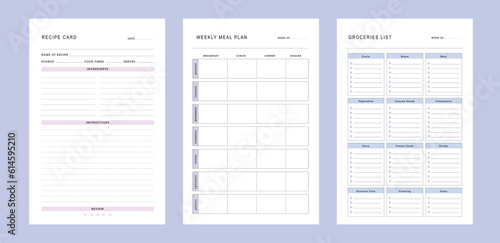 3 set of recipe card, Meal Planner and groceries list planner. Plan you food day easily. Vector illustration.