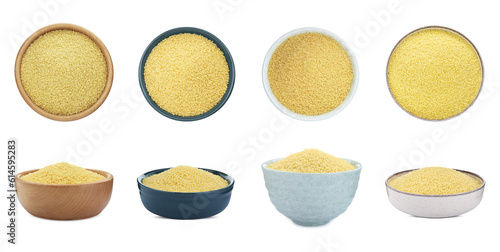 Collage with raw couscous in different bowls on white background, top and side views