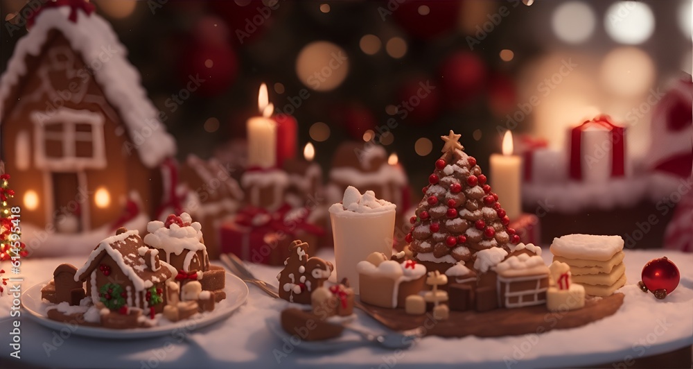 christmas dessert with candles and decorations, cozy romantic Christmas table full of desserts, gingerbread house, blurred background. Christmas background. Generative AI