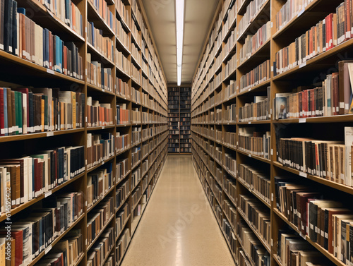 A library filled with rows of neatly organized books on shelves.