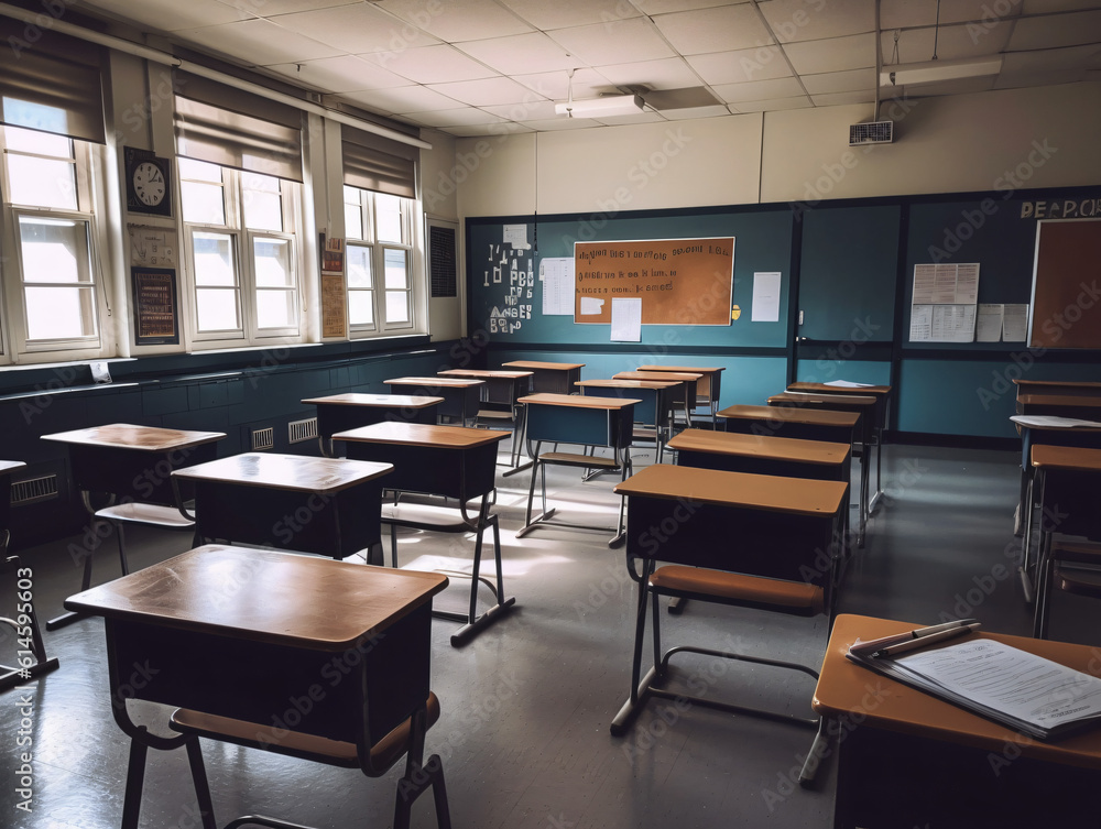 An empty classroom with neatly arranged desks and a chalkboard in the background. An empty classroom with neatly arranged desks and a chalkboard in the background.