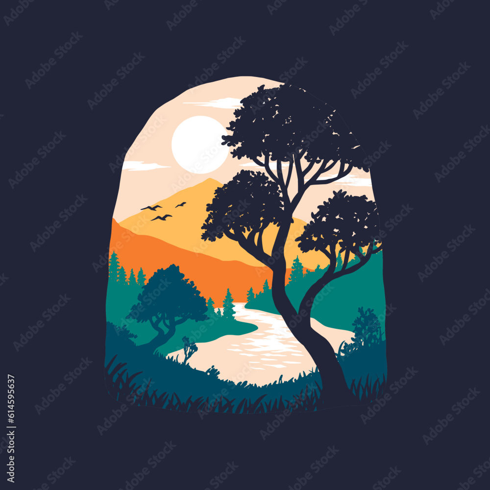 Natural scenery in geometric shaped design, vector illustration