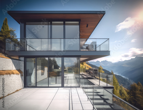 a modern house in the mountains stock photo, generative AI