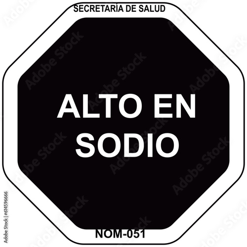 sellos frontales - Alto en Sodio - de advertencia octagonales en los empaques de alimentos_sello octogonal - nom 051 - fondo negro blanco