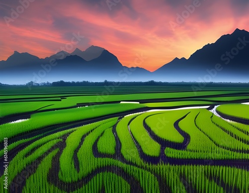 Generative ai of rice field with mountains in the horizon