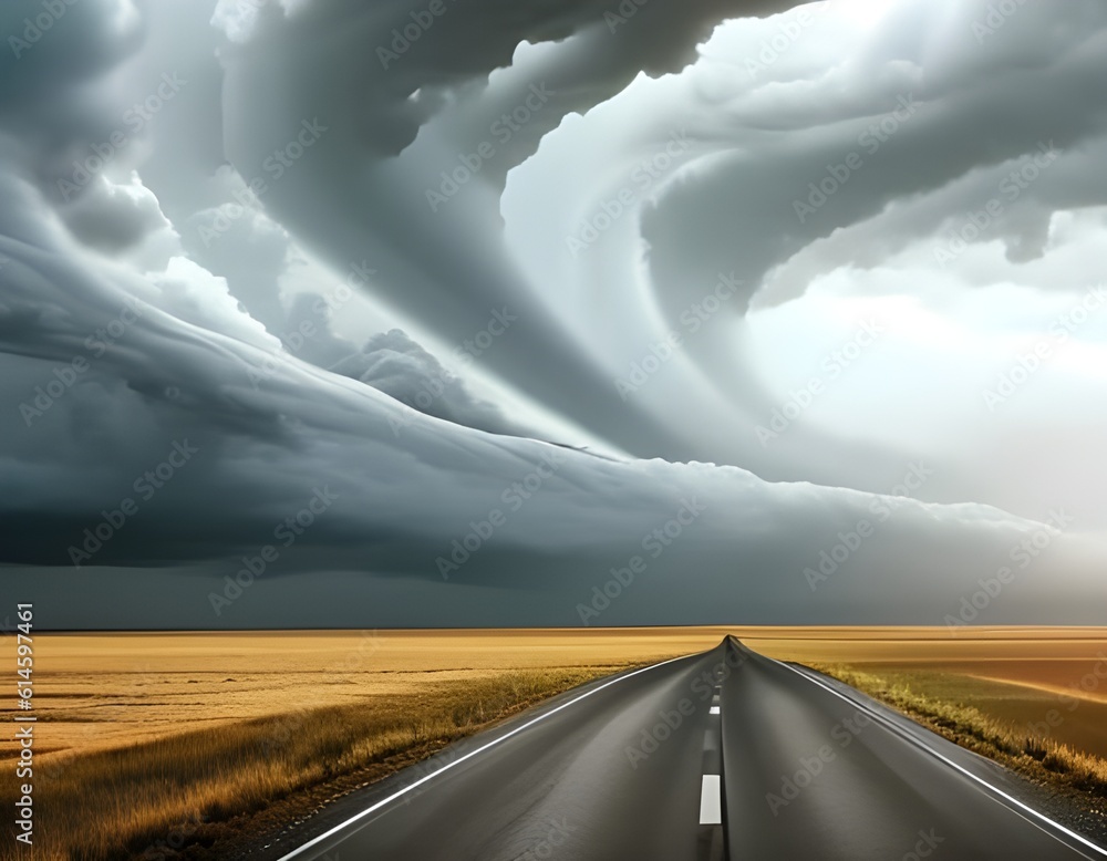 Generative AI of big storm clouds in an open area and an empty road