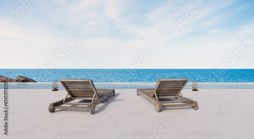 Beach house, Hotel Resort in only poolside and chairs looking out, swimming pool close to the sea and sky, perfect for relaxing. luxury  3d rendering with sea view. photo