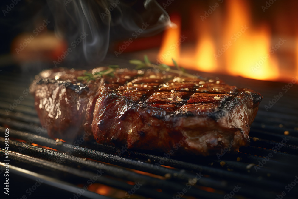 Delicious steak on flaming hot grill