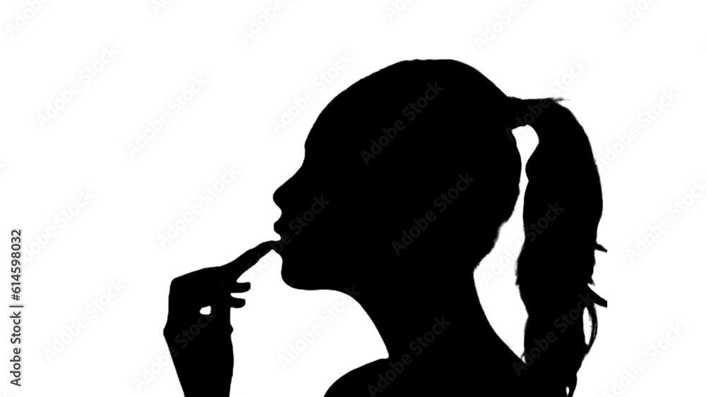 Silhouette of women using lipstick on white background 