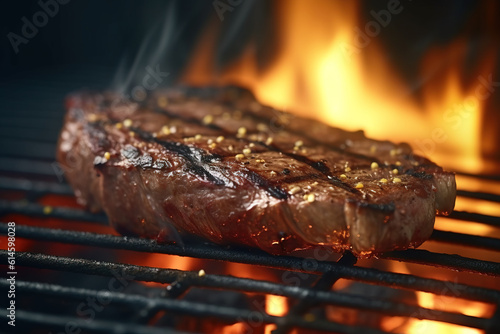 Delicious steak on flaming hot grill