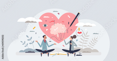 Mental health awareness and emotional care therapy tiny person concept. Psychological support and help after breakup, relationship crisis and frustration vector illustration. Feelings care or balance