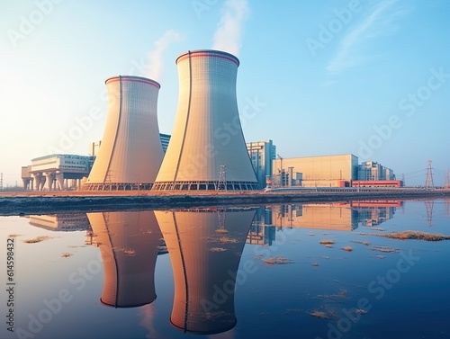 Nuclear power plant cooling tower with reflection at sunset.
