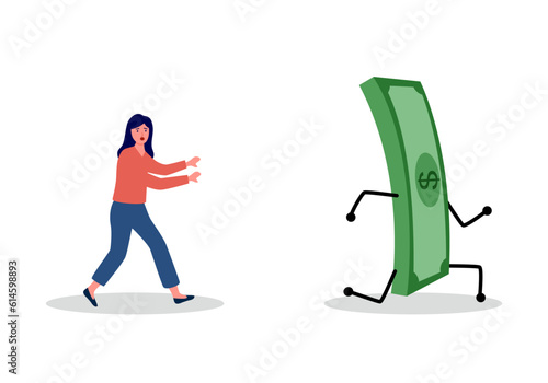 Woman chasing after runaway money in flat design.