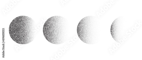 Set of textured gradient spheres. Black dotted circles collections. Stippled round elements pack. Fading noise grain dotwork shapes. Halftone effect illustrations bundle. Vector 