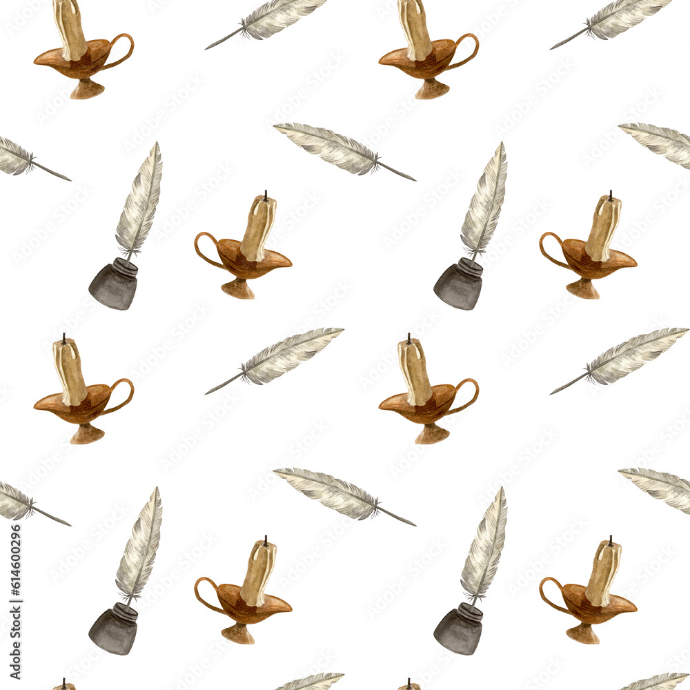 Seamless pattern from candle and feather in an inkwell. Watercolor hand drawn illustration on white background. Template for design cards, flyers and invitations. Seamless pattern from candle and feather in an inkwell. Watercolor hand drawn illustration on white background. Template for design cards, flyers and invitations.