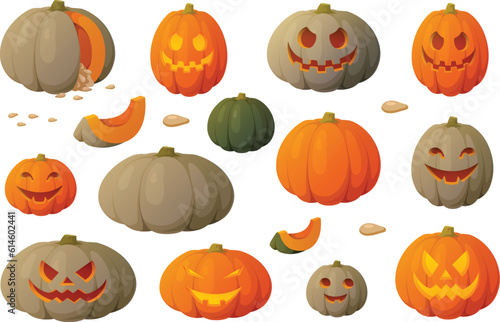 Cute vector illustration of various Halloween pumpkins with carved scary faces.