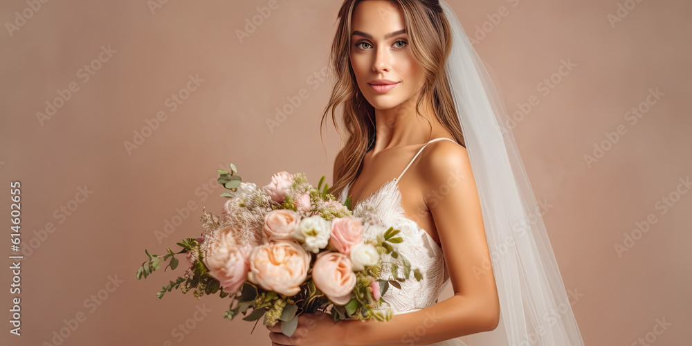 Beautiful young bride with bouquet of flowers on light background with space for text Beautiful young bride with bouquet of flowers on light background with space for text