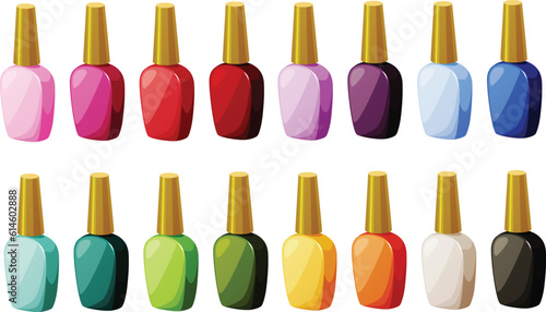 Cute vector illustration of various colored nail polish in glass bottles.