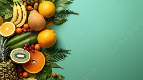 Top view of whole ripe tropical fruit with green leaves on blue background