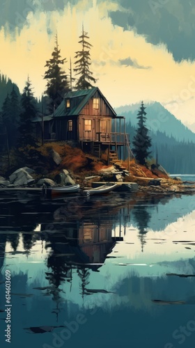 Digital painting of a lonely cabin on a very calm lake in the mountains with trees surrounding it. Boats on the dock. © Mandy