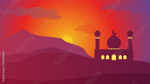 Islamic landscape vector illustration. Mosque landscape with mountain hill and shiny sky. Background landscape for islam religion and muslim faith. Wallpaper of design mountain with mosque silhouette