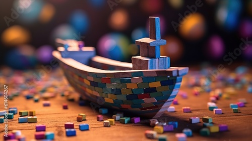 Wooden toy Fishing boat with colorful blocs isolated high photo