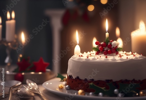 christmas cake with candles, blurred background. Generative AI