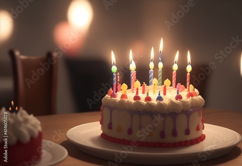 birthday cake with candles, birthday, blurred background. Generative AI