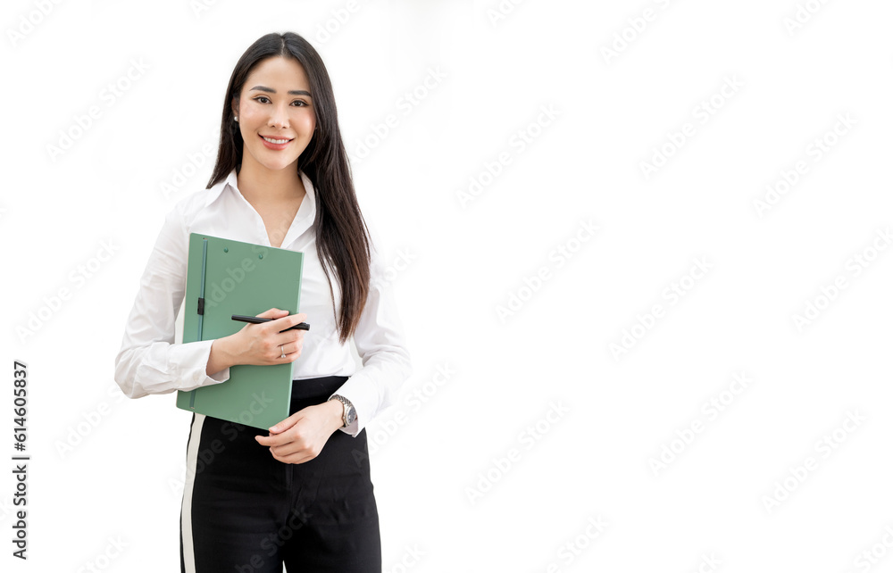 Portrait of young asian woman, company worker smiling and holding file folder, standing over white background Portrait of young asian woman, company worker smiling and holding file folder, standing over white background