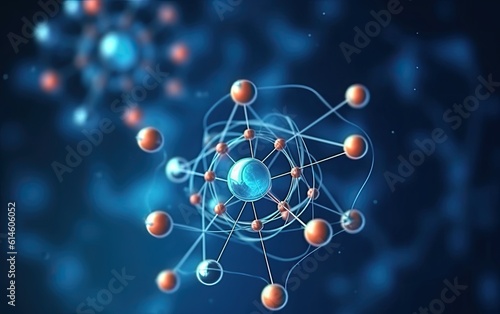 Atom, protons neutrons electrons on blue background.