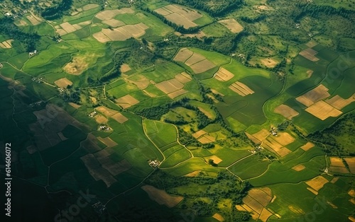 Aerial view of cultivated agricultural farming land with vivid green color.
