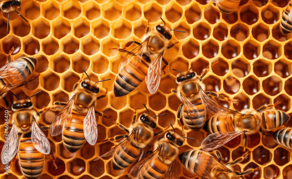 Working Bees on a Honeycomb extreme closeup. Generative AI Working Bees on a Honeycomb extreme closeup. Generative AI