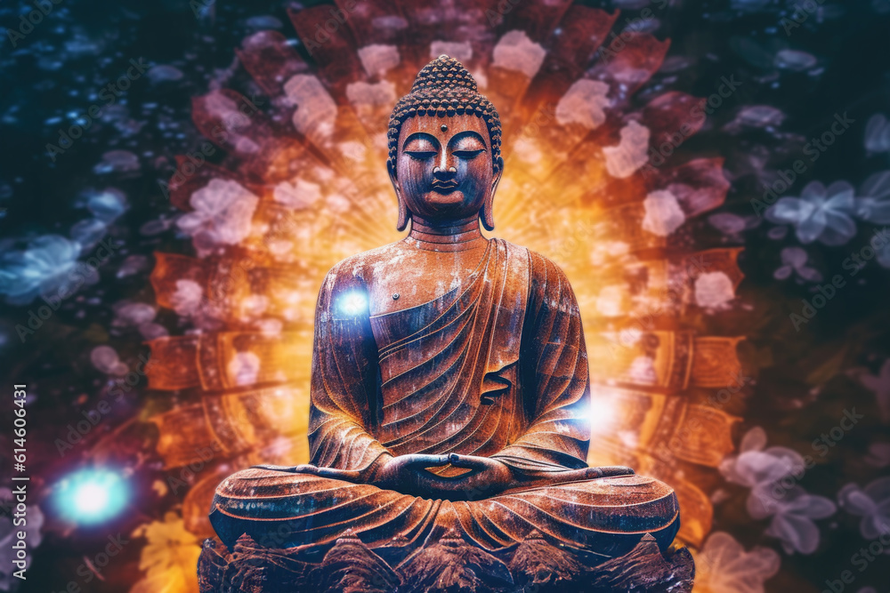 Statue of Spiritual Teacher Buddha in Calm Rest Pose with Shining Light on a dark background. Generative AI Statue of Spiritual Teacher Buddha in Calm Rest Pose with Shining Light on a dark background. Generative AI