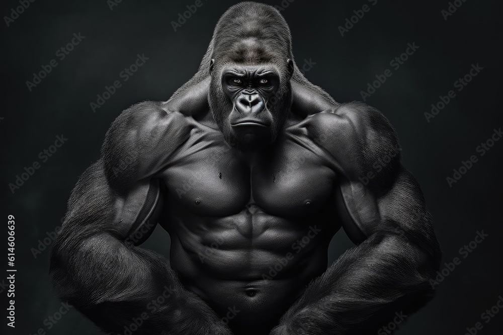 Gorilla Showing Big Muscles and Strength extreme closeup. Generative AI
